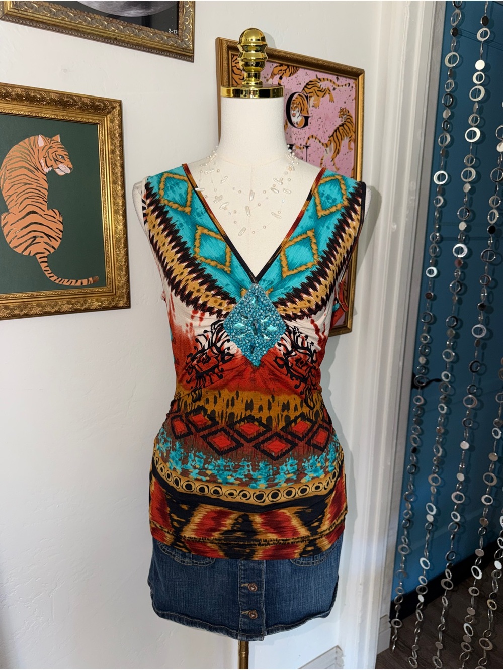 Vintage Y2K Boho V-Neck Sleeveless Top with Turquoise Accents